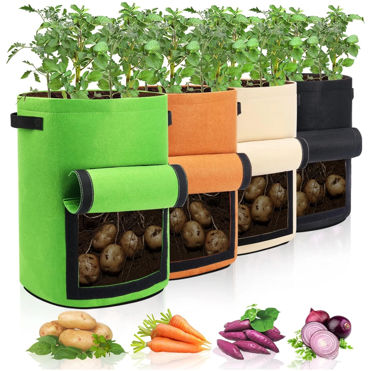 Potato Grow Bags with Flap 10 Gallon, 4 Pack Planter Pot with Handles and Harvest Window for Potato Tomato and Vegetables, Black and Gray