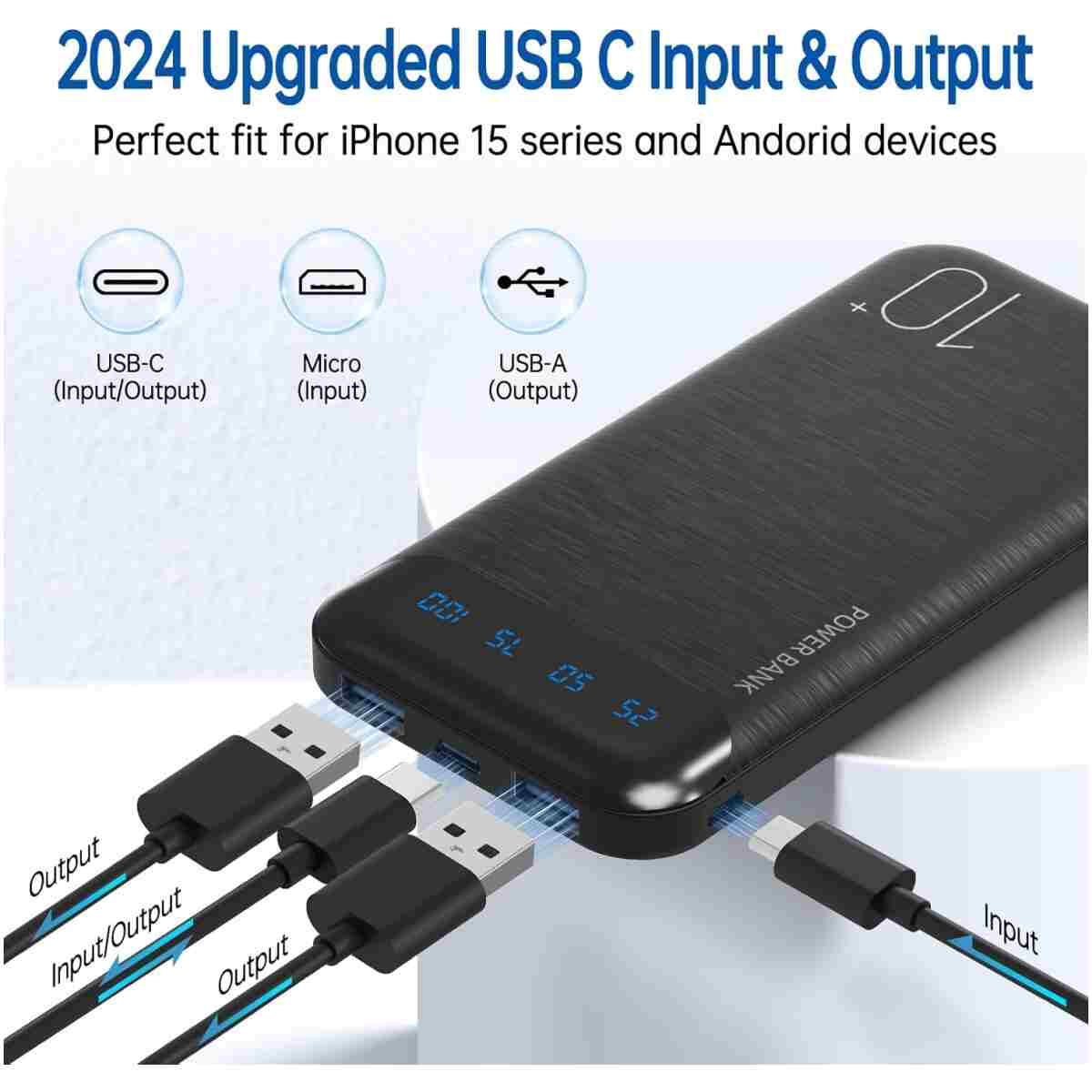 Power Bank 10000mAh Portable Charger Slim External Battery Pack with 2 USB 2.4A Outputs and USB C In/Out Compatible with Huawei iPhone 16 15 14 13 12 iPad Samsung Galaxy S20...