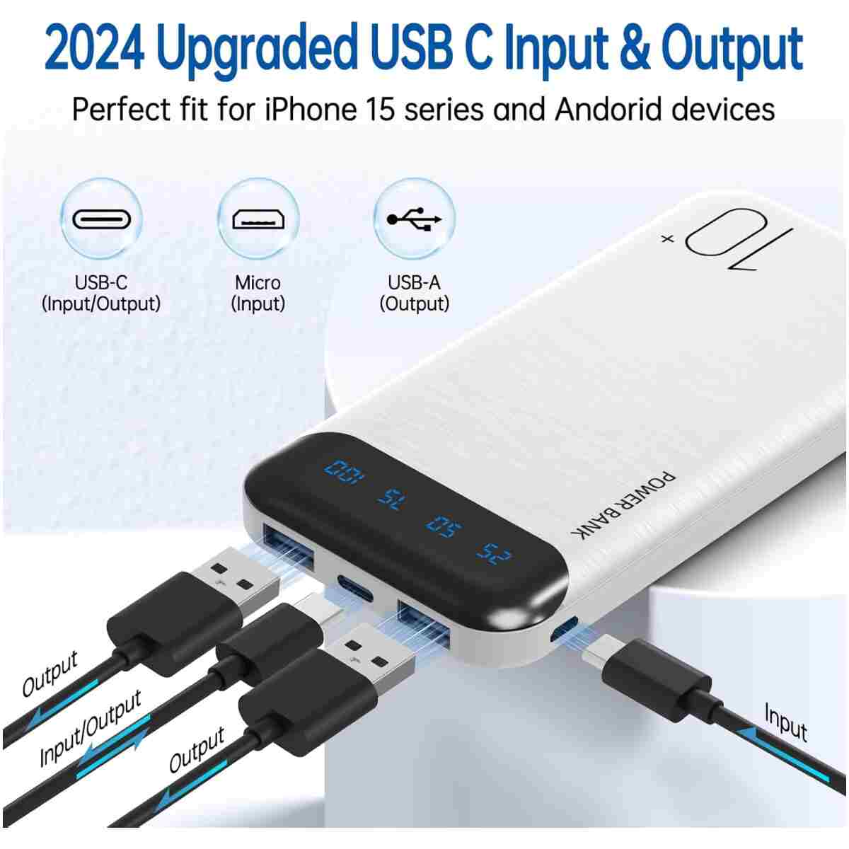 Power Bank 10000mAh Portable Charger Slim External Battery Pack with 2 USB 2.4A Outputs and USB C In/Out Compatible with Huawei iPhone 16 15 14 13 12 iPad Samsung Galaxy S20...