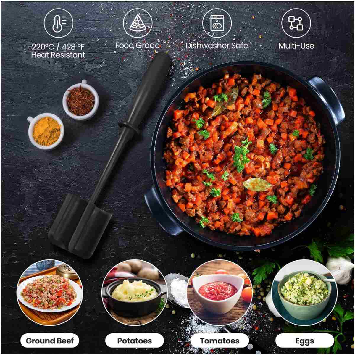 Premium Meat Chopper for Ground Beef - Heat Resistant Meat Masher - Kitchen Tools & Gadgets - Durable Ground Beef Smasher - Non Stick Hamburger Grinder - Cook Ground Meat with...