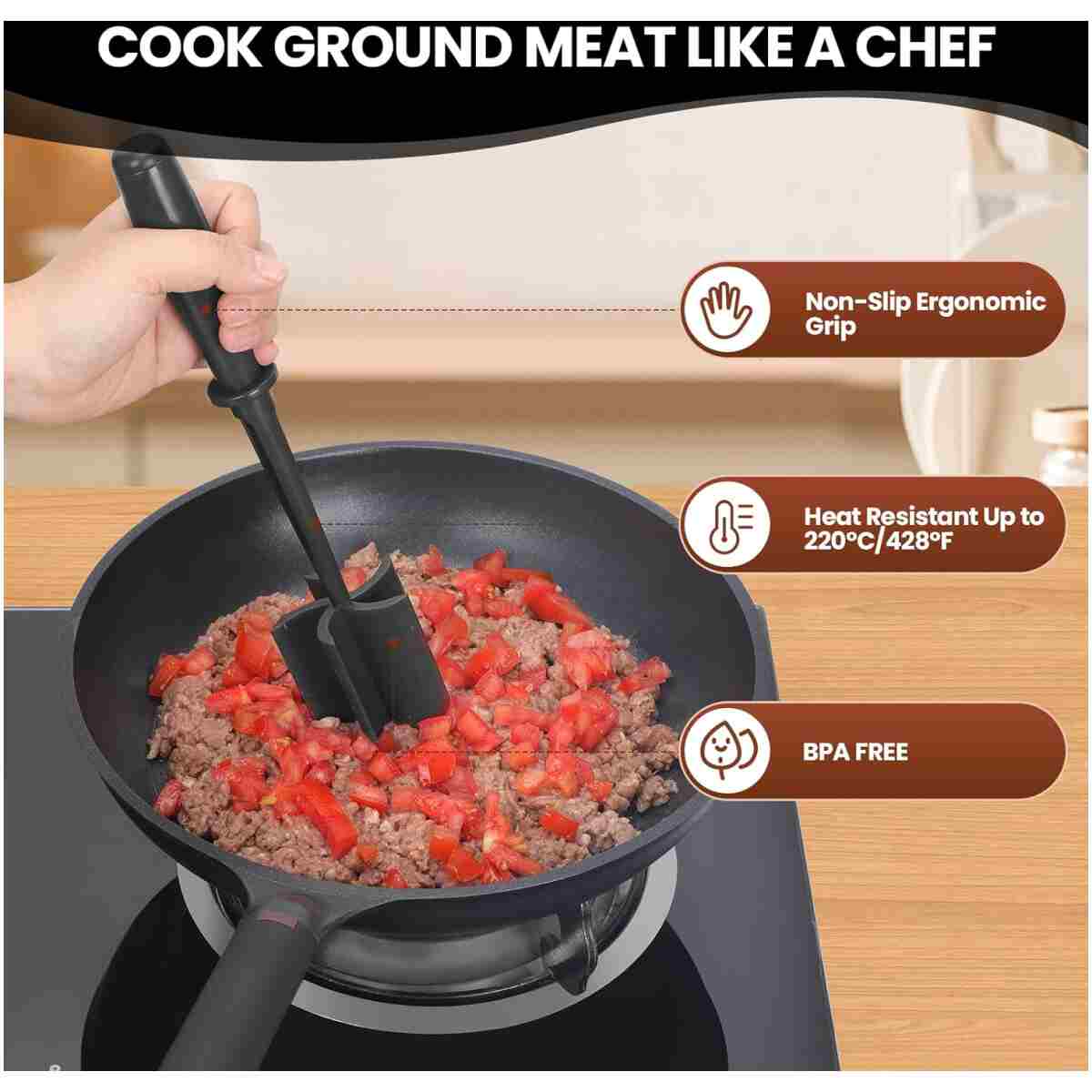 Premium Meat Chopper for Ground Beef - Heat Resistant Meat Masher - Kitchen Tools & Gadgets - Durable Ground Beef Smasher - Non Stick Hamburger Grinder - Cook Ground Meat with...