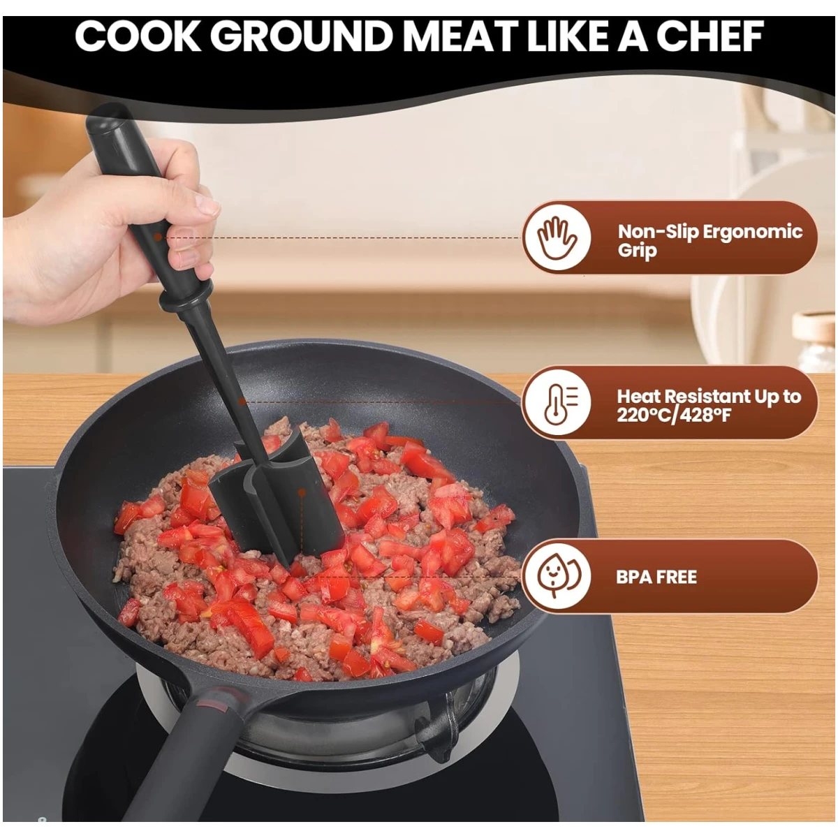 Premium Meat Chopper for Ground Beef - Heat Resistant Meat Masher - Kitchen Tools & Gadgets - Durable Ground Beef Smasher - Non Stick Hamburger Grinder - Cook Ground Meat with...
