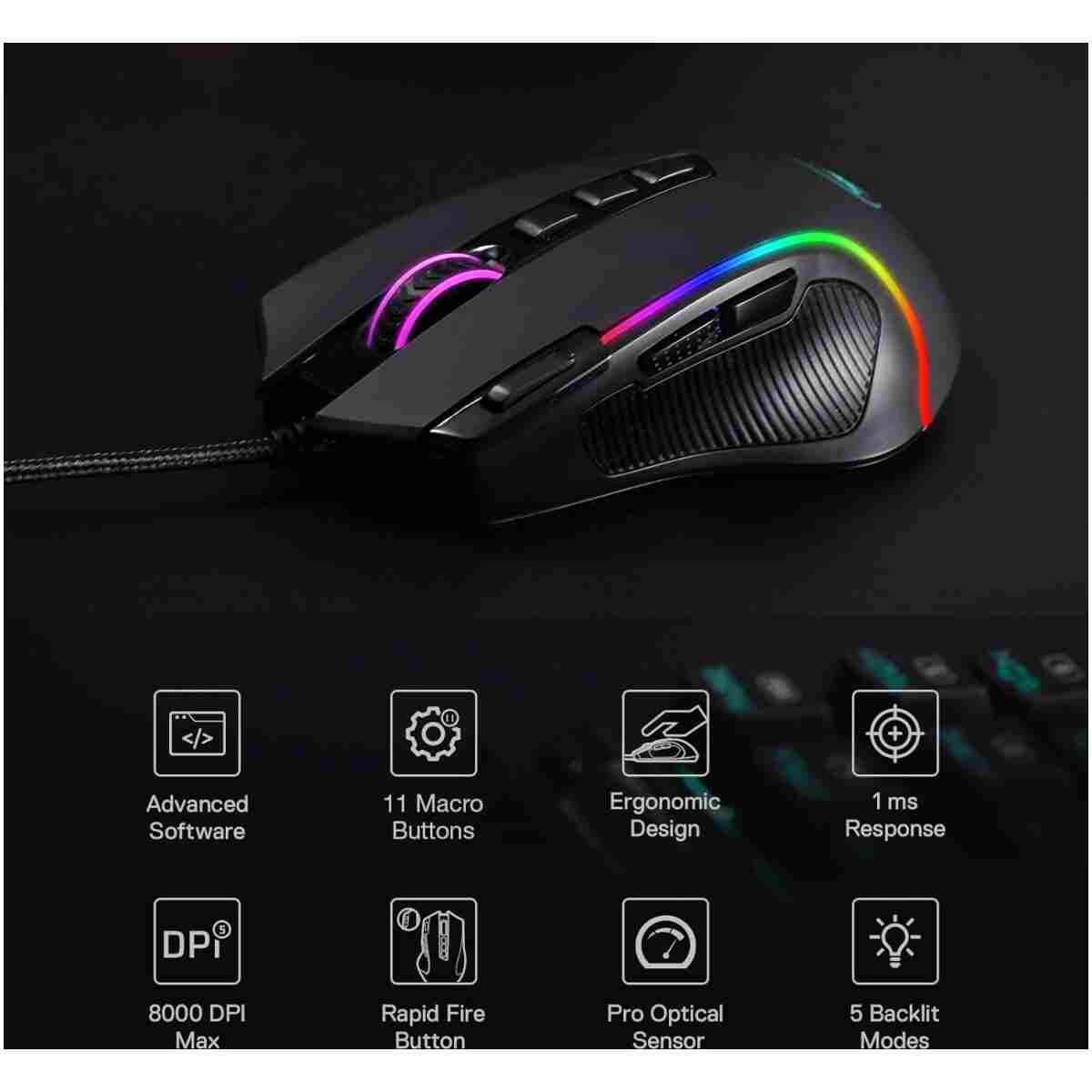 Redragon M612 Predator RGB Gaming Mouse, 8000 DPI Wired Optical Mouse with 11 Programmable Buttons & 5 Backlit Modes, Software Supports DIY Keybinds Rapid Fire Button