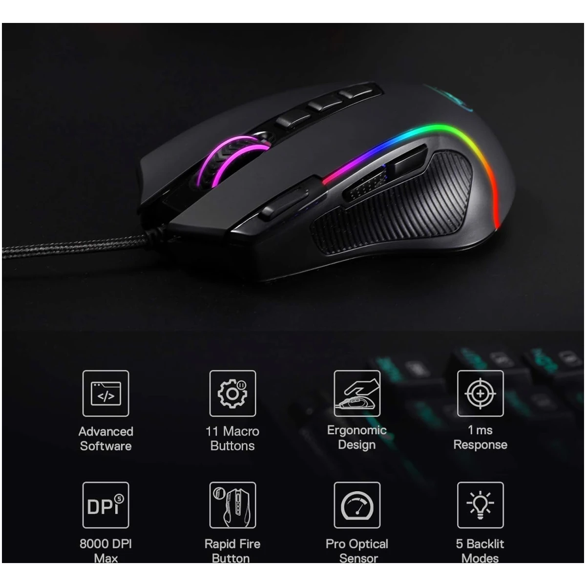 Redragon M612 Predator RGB Gaming Mouse, 8000 DPI Wired Optical Mouse with 11 Programmable Buttons & 5 Backlit Modes, Software Supports DIY Keybinds Rapid Fire Button