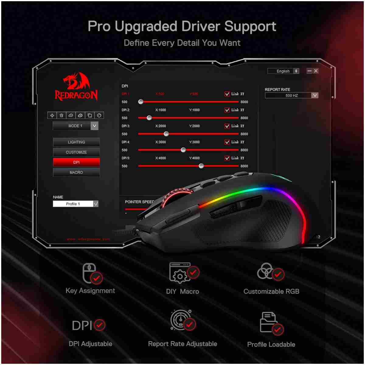 Redragon M612 Predator RGB Gaming Mouse, 8000 DPI Wired Optical Mouse with 11 Programmable Buttons & 5 Backlit Modes, Software Supports DIY Keybinds Rapid Fire Button