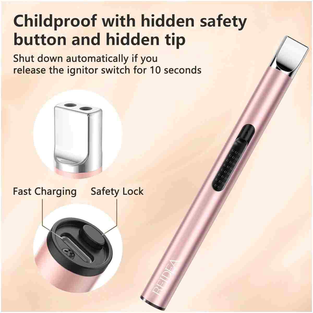 REIDEA Candle Lighter - Long USB Rechargeable Arc Windproof Flameless Lighter with Safety Switch for Home, Kitchen, BBQ, Camping, Stove