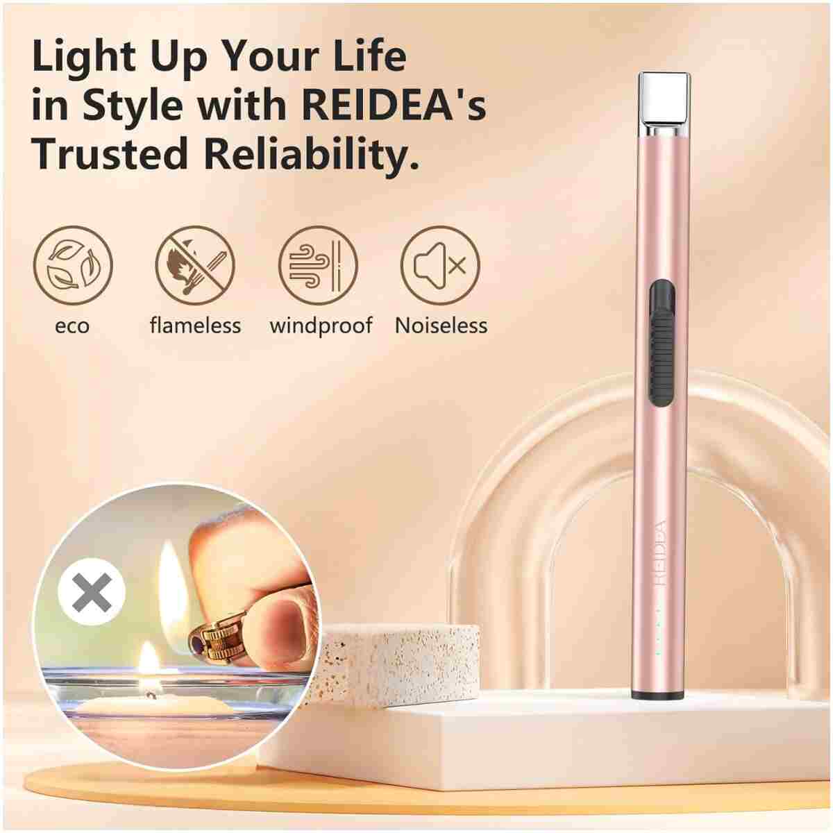 REIDEA Candle Lighter - Long USB Rechargeable Arc Windproof Flameless Lighter with Safety Switch for Home, Kitchen, BBQ, Camping, Stove