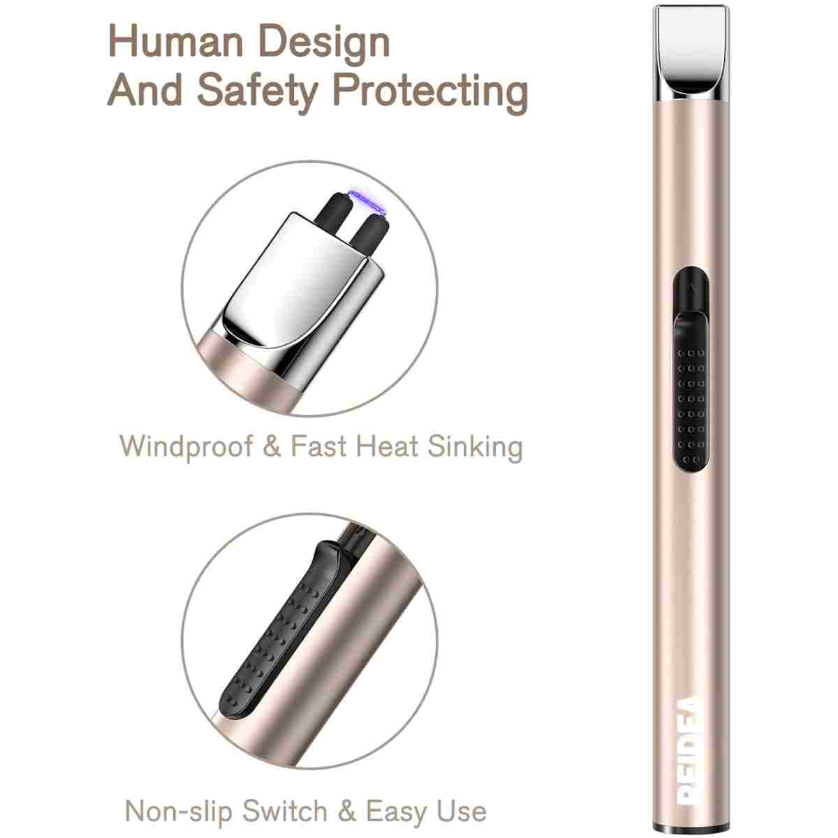 REIDEA Candle Lighter - Long USB Rechargeable Arc Windproof Flameless Lighter with Safety Switch for Home, Kitchen, BBQ, Camping, Stove