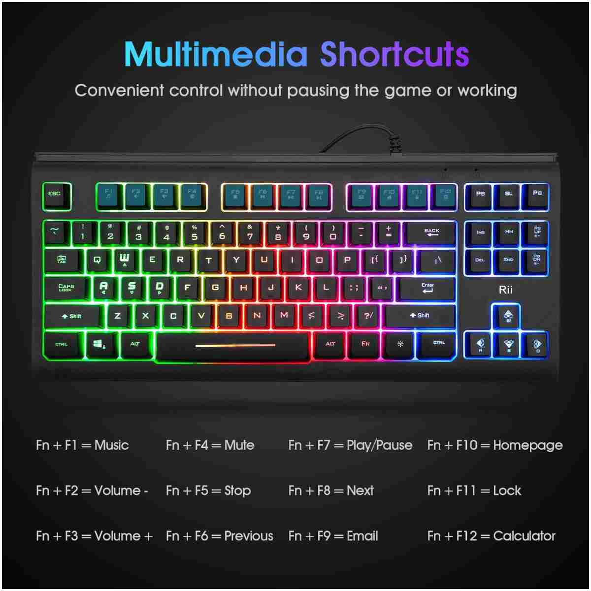 Rii Computer Keyboard, Wired USB Compact Keyboard with RGB Backlit,Silent Keystroke for Home Office,Working or Primer Gaming, Compatible with Laptop,PC,Windows,Mac