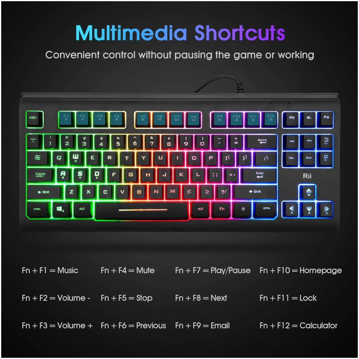 Rii Computer Keyboard, Wired USB Compact Keyboard with RGB Backlit,Silent Keystroke for Home Office,Working or Primer Gaming, Compatible with Laptop,PC,Windows,Mac
