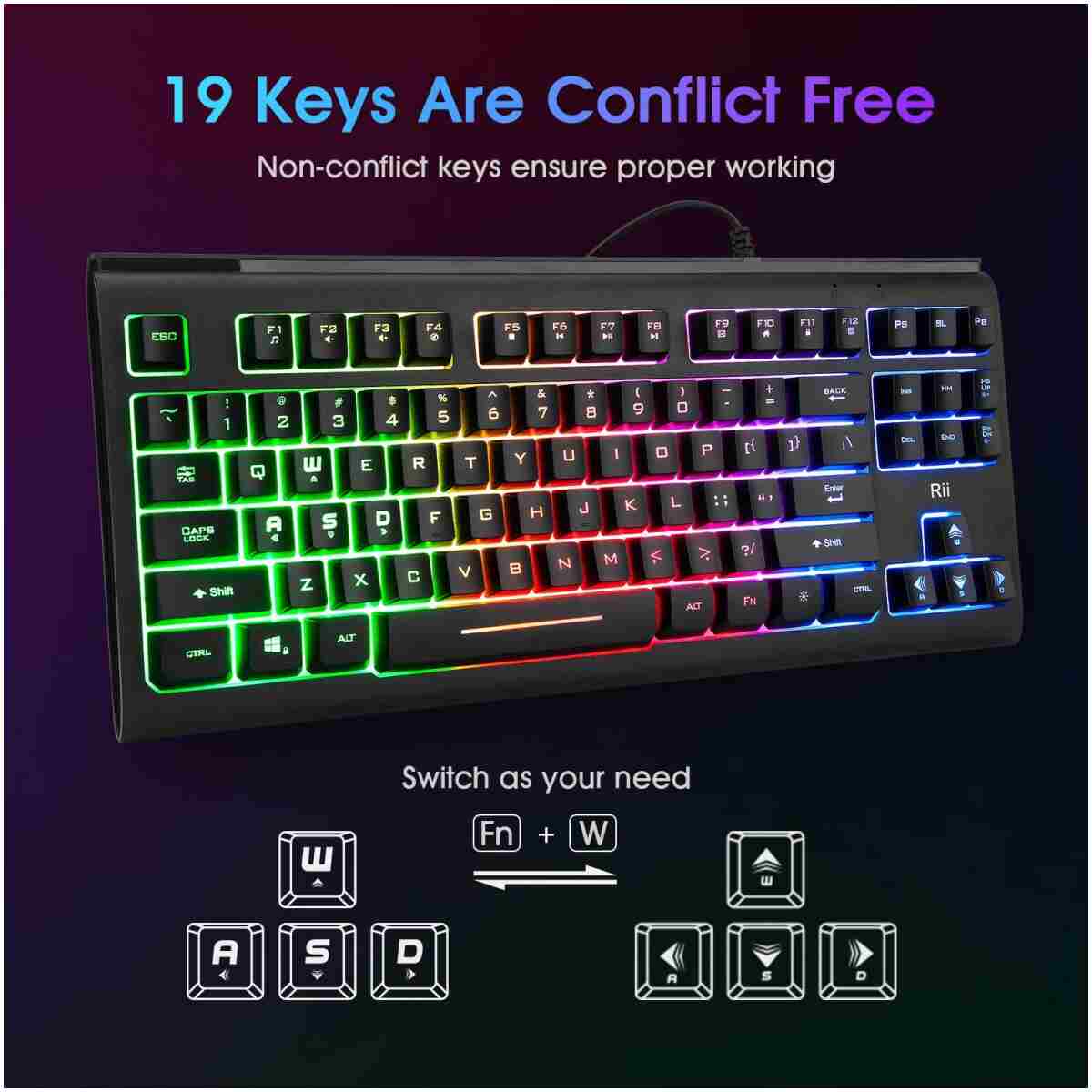 Rii Computer Keyboard, Wired USB Compact Keyboard with RGB Backlit,Silent Keystroke for Home Office,Working or Primer Gaming, Compatible with Laptop,PC,Windows,Mac