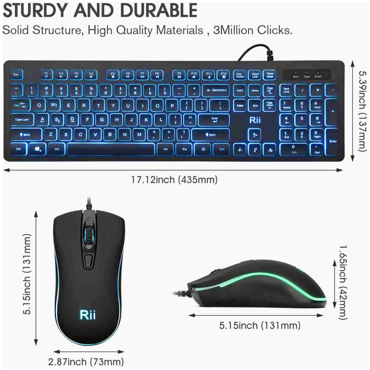Rii Three Colors Backlit Keyboard and Mouse, Wired Keyboard and Mouse Combo, USB Keyboard and Mouse Set,Quiet Input Gaming Keyboard,Optical RGB Mouse for School,Office,Business...