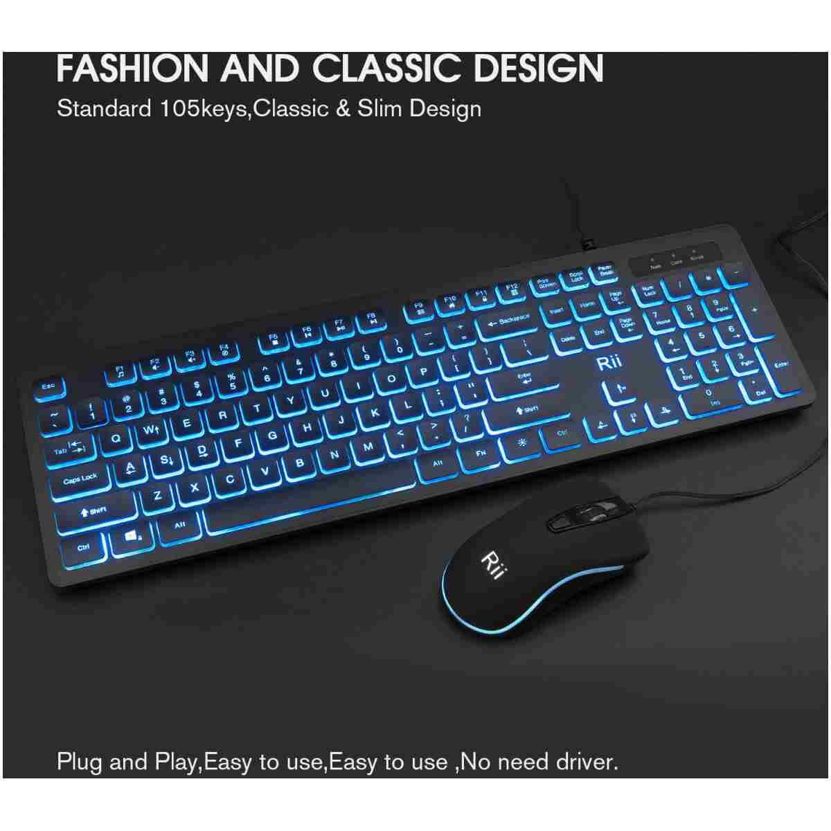 Rii Three Colors Backlit Keyboard and Mouse, Wired Keyboard and Mouse Combo, USB Keyboard and Mouse Set,Quiet Input Gaming Keyboard,Optical RGB Mouse for School,Office,Business...