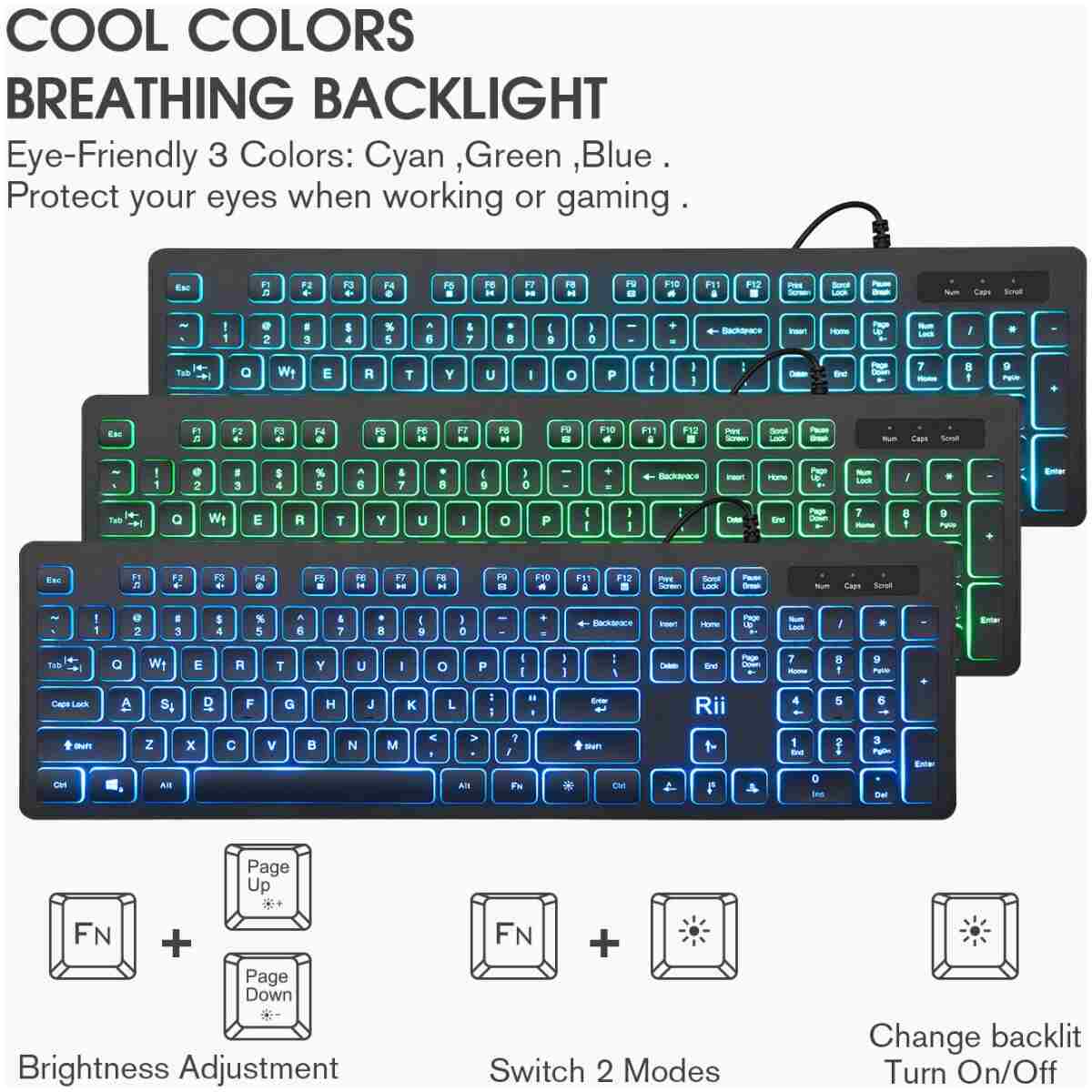 Rii Three Colors Backlit Keyboard and Mouse, Wired Keyboard and Mouse Combo, USB Keyboard and Mouse Set,Quiet Input Gaming Keyboard,Optical RGB Mouse for School,Office,Business...