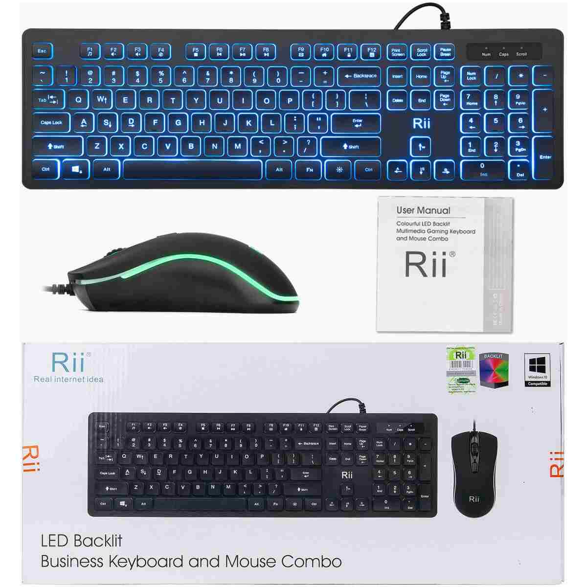 Rii Three Colors Backlit Keyboard and Mouse, Wired Keyboard and Mouse Combo, USB Keyboard and Mouse Set,Quiet Input Gaming Keyboard,Optical RGB Mouse for School,Office,Business...