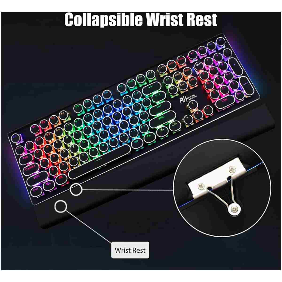 RK ROYAL KLUDGE S108 Typewriter Keyboard, Retro Mechanical Gaming Keyboard Wired 108 Keys with RGB Backlit Sidelight, Detachable Wrist Rest, Round Keycaps Blue Switches - Black