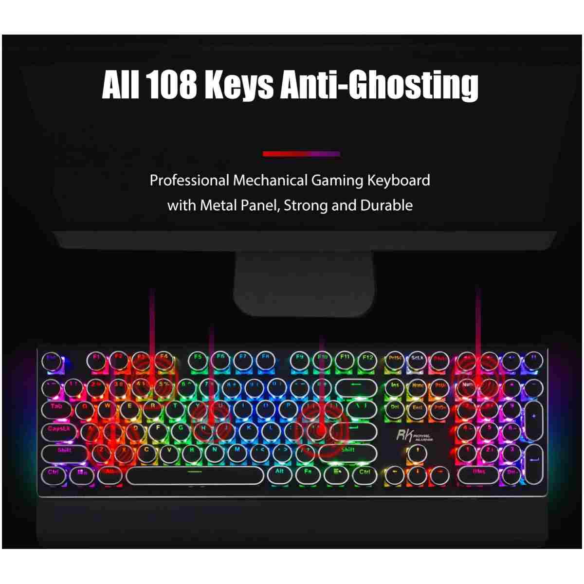RK ROYAL KLUDGE S108 Typewriter Keyboard, Retro Mechanical Gaming Keyboard Wired 108 Keys with RGB Backlit Sidelight, Detachable Wrist Rest, Round Keycaps Blue Switches - Black