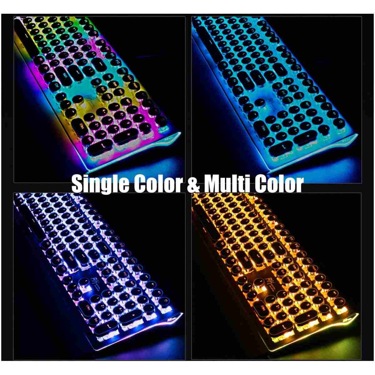 RK ROYAL KLUDGE S108 Typewriter Keyboard, Retro Mechanical Gaming Keyboard Wired 108 Keys with RGB Backlit Sidelight, Detachable Wrist Rest, Round Keycaps Blue Switches - Black