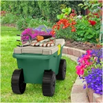 Rolling Garden Cart with Seat - Plastic Storage with Bench and Interior Tool Tray - Gardening Stool for Weeding and Planting By Pure Garden (Green)