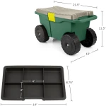Rolling Garden Cart with Seat - Plastic Storage with Bench and Interior Tool Tray - Gardening Stool for Weeding and Planting By Pure Garden (Green)