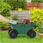 Rolling Garden Cart with Seat - Plastic Storage with Bench and Interior Tool Tray - Gardening Stool for Weeding and Planting By Pure Garden (Green)