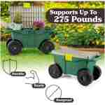 Rolling Garden Cart with Seat - Plastic Storage with Bench and Interior Tool Tray - Gardening Stool for Weeding and Planting By Pure Garden (Green)