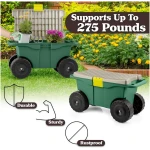 Rolling Garden Cart with Seat - Plastic Storage with Bench and Interior Tool Tray - Gardening Stool for Weeding and Planting By Pure Garden (Green)