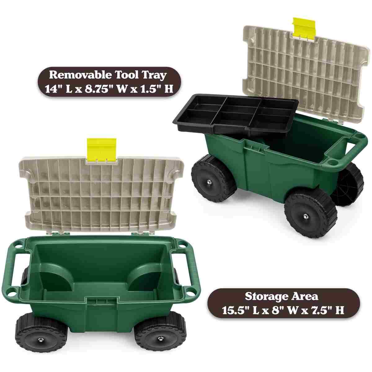 Rolling Garden Cart with Seat - Plastic Storage with Bench and Interior Tool Tray - Gardening Stool for Weeding and Planting By Pure Garden (Green)