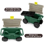 Rolling Garden Cart with Seat - Plastic Storage with Bench and Interior Tool Tray - Gardening Stool for Weeding and Planting By Pure Garden (Green)