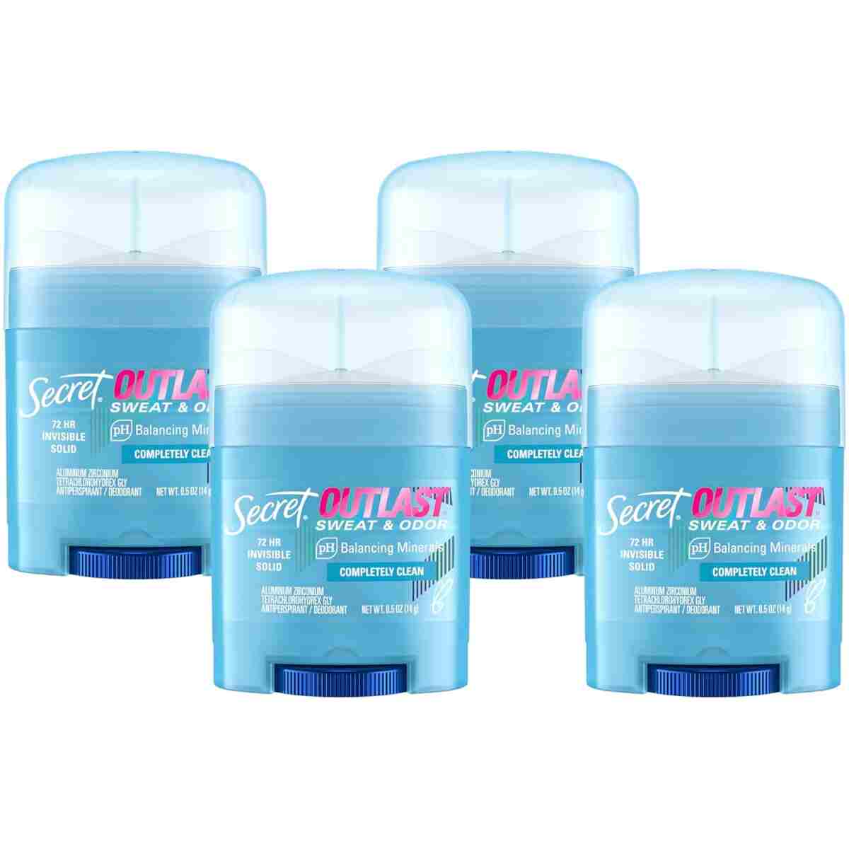 Secret Outlast Antiperspirant Deodorant for Women, 72hr Sweat & Odor Protection, PH Balancing Minerals, Invisible Solid, Completely Clean Scent, Travel Size, 0.5 oz
