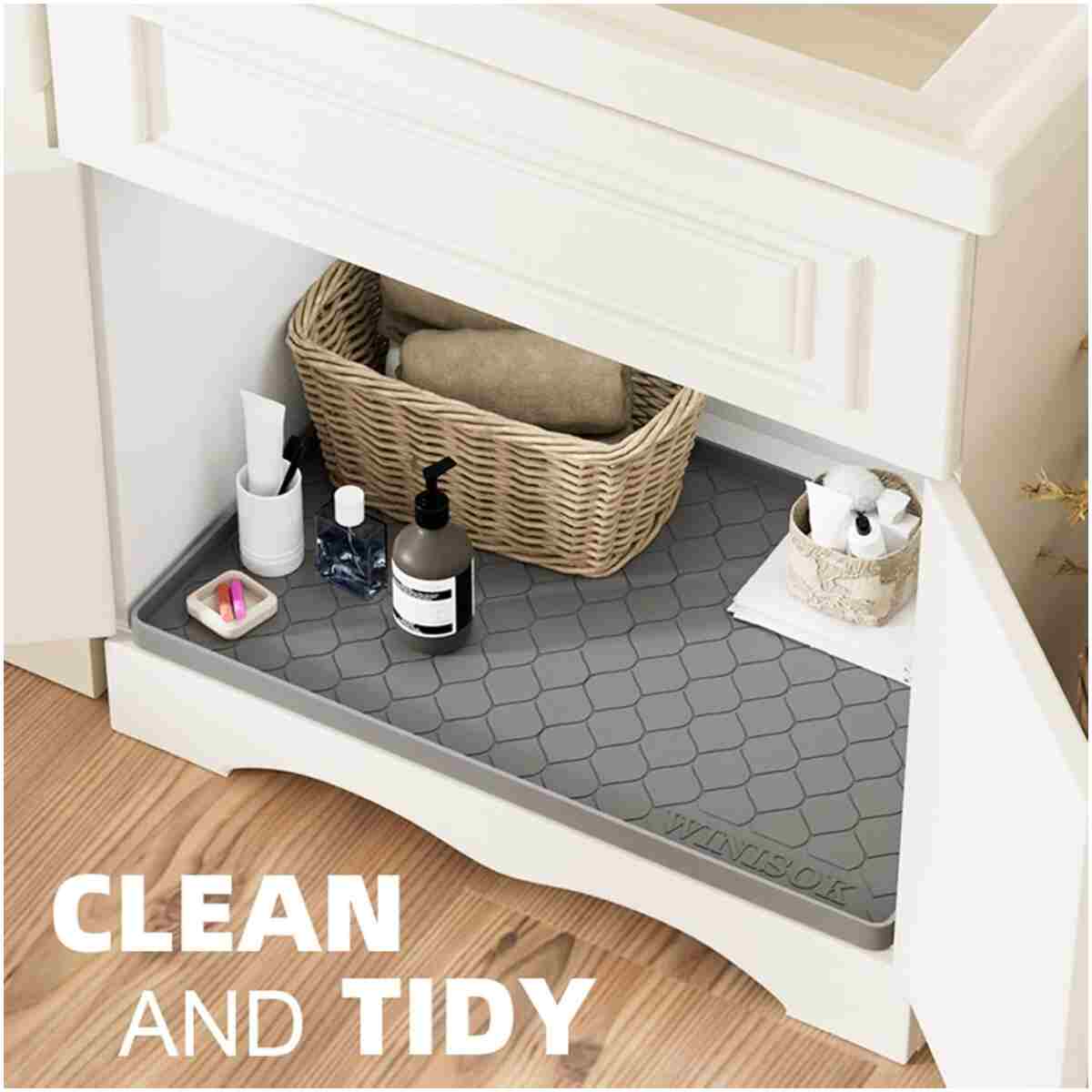 Silicone Under Sink Mat 34" x 22", Kitchen Essentials and Gadgets, Shelf Liner and Cabinet Protector, Home Organizers and Storage, Waterproof Bathroom Tray