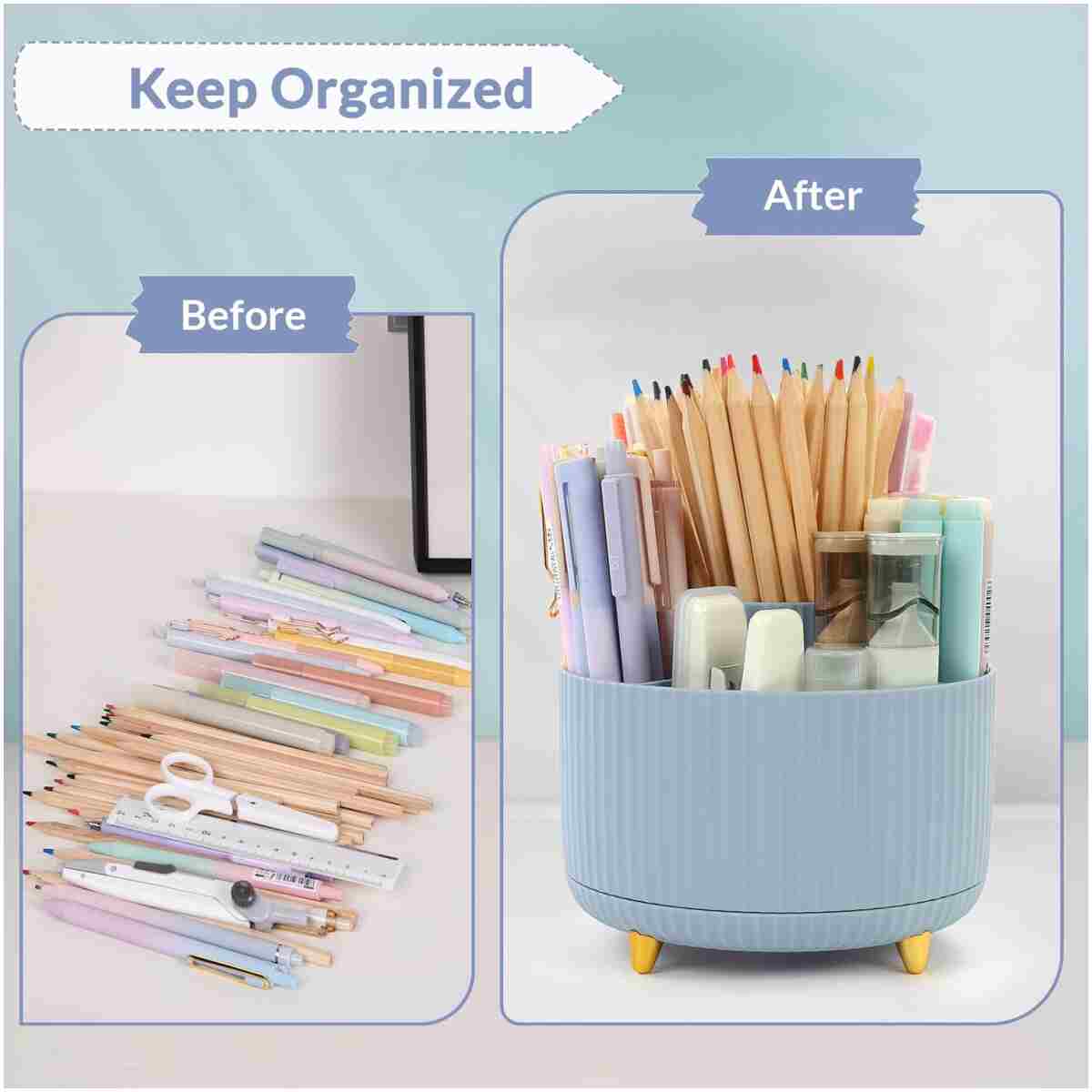 SKYDUE 360 Degree Rotating Desk Organizer, Dual-Purpose Pencil Pen Holder, Rotating Desk Pen Organizer with 5 Slots, Pencil Cup for Office, School, Home (Airy Blue)
