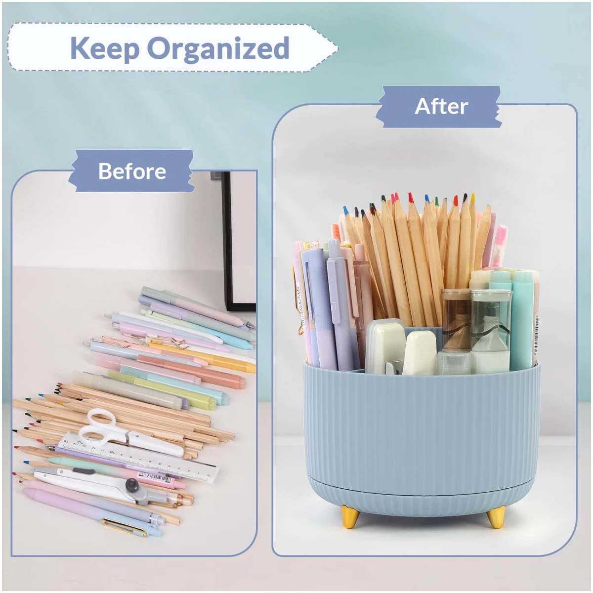 SKYDUE 360 Degree Rotating Desk Organizer, Dual-Purpose Pencil Pen Holder, Rotating Desk Pen Organizer with 5 Slots, Pencil Cup for Office, School, Home (Airy Blue)