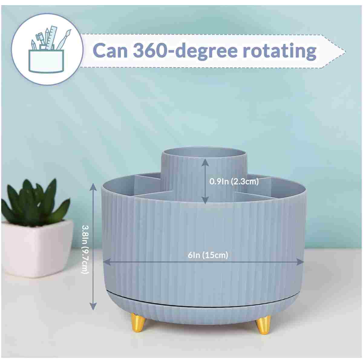SKYDUE 360 Degree Rotating Desk Organizer, Dual-Purpose Pencil Pen Holder, Rotating Desk Pen Organizer with 5 Slots, Pencil Cup for Office, School, Home (Airy Blue)