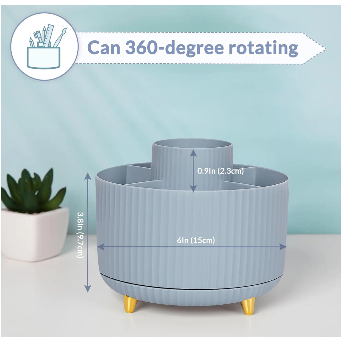 SKYDUE 360 Degree Rotating Desk Organizer, Dual-Purpose Pencil Pen Holder, Rotating Desk Pen Organizer with 5 Slots, Pencil Cup for Office, School, Home (Airy Blue)