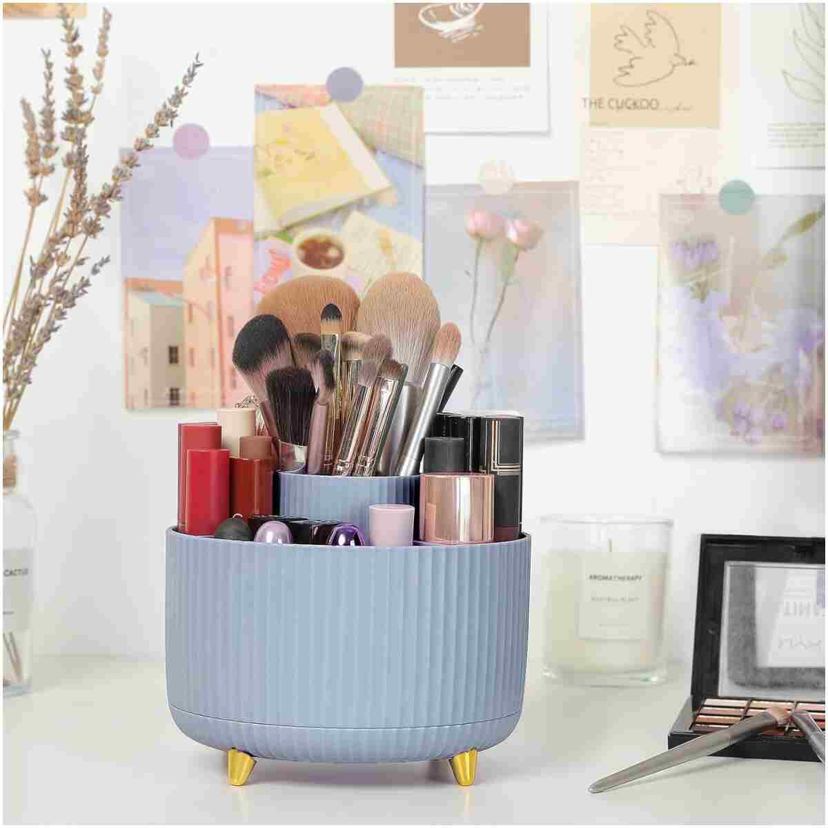 SKYDUE 360 Degree Rotating Desk Organizer, Dual-Purpose Pencil Pen Holder, Rotating Desk Pen Organizer with 5 Slots, Pencil Cup for Office, School, Home (Airy Blue)