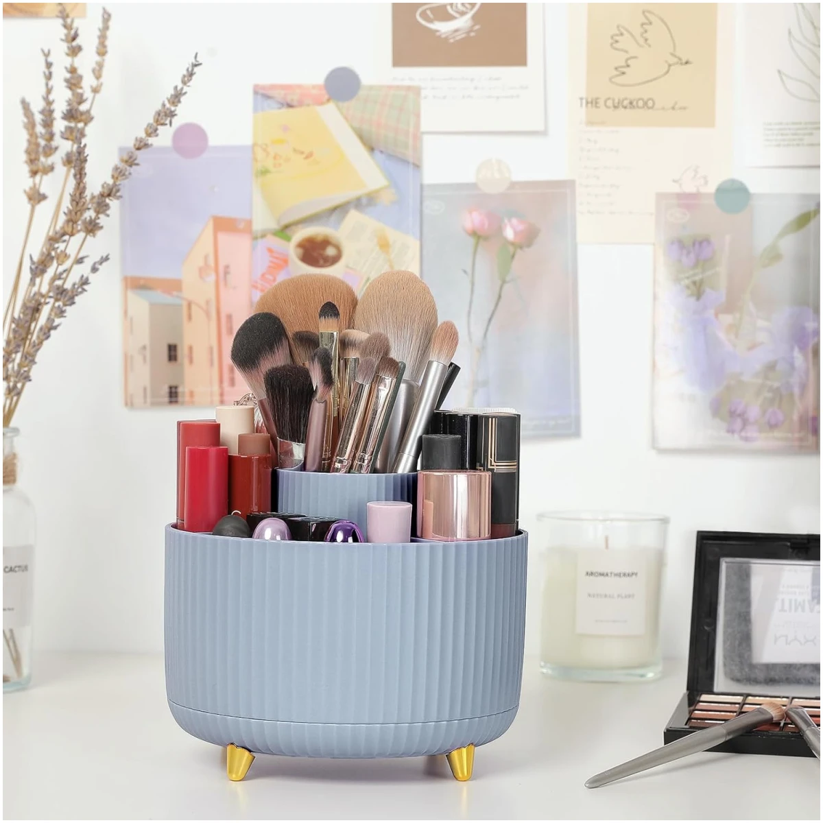 SKYDUE 360 Degree Rotating Desk Organizer, Dual-Purpose Pencil Pen Holder, Rotating Desk Pen Organizer with 5 Slots, Pencil Cup for Office, School, Home (Airy Blue)