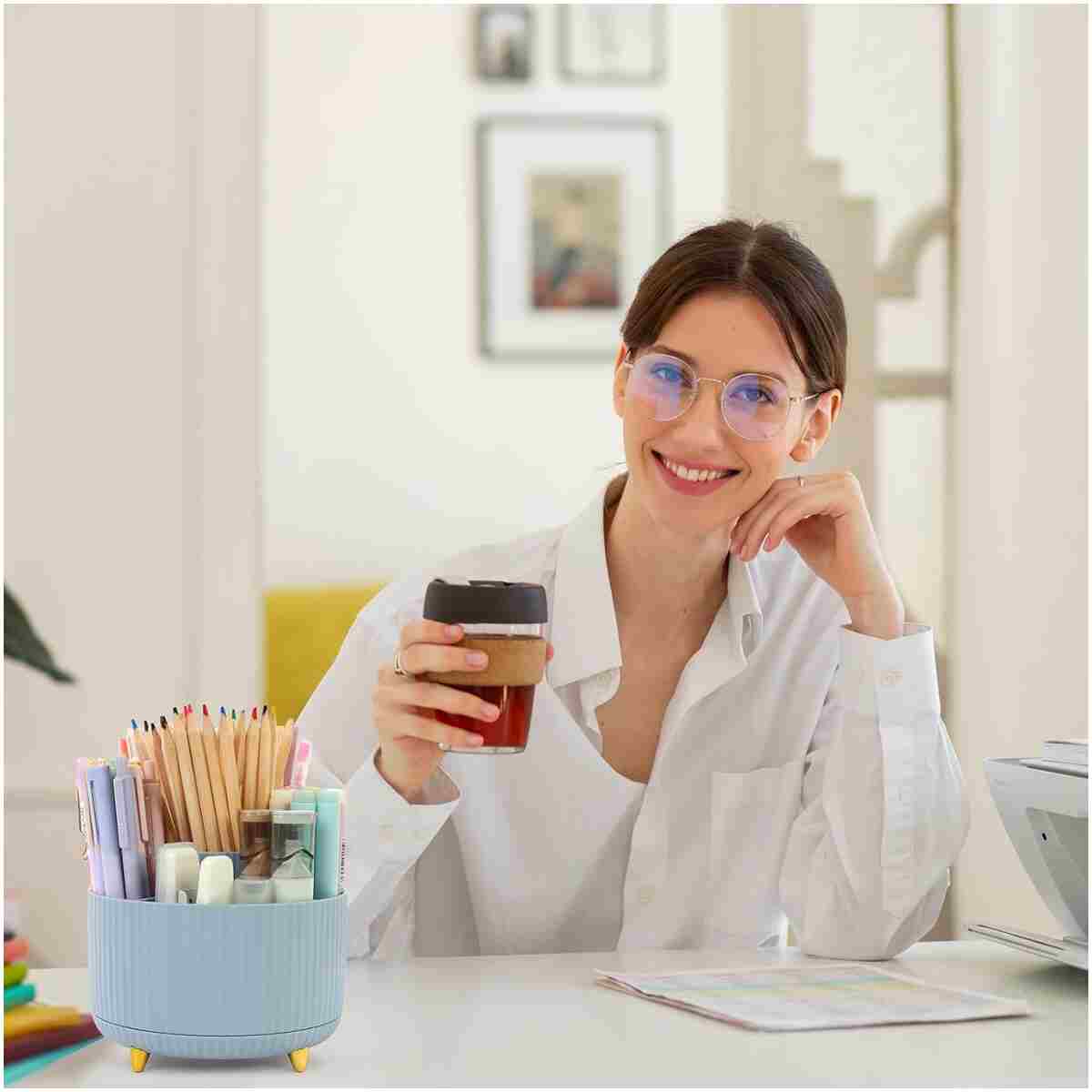 SKYDUE 360 Degree Rotating Desk Organizer, Dual-Purpose Pencil Pen Holder, Rotating Desk Pen Organizer with 5 Slots, Pencil Cup for Office, School, Home (Airy Blue)