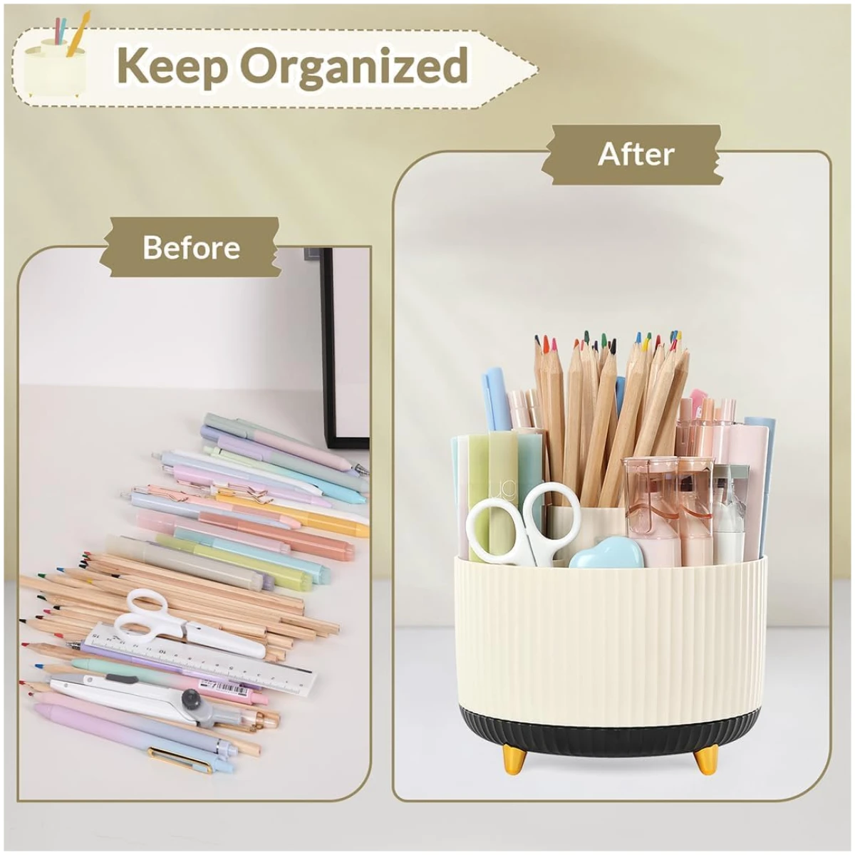 SKYDUE 360 Degree Rotating Desk Organizer, Dual-Purpose Pencil Pen Holder for Desk, Rotating Desk Pen Organizer with 5 Slots, Pencil Cup for Office, School, Home (Beige-Black)