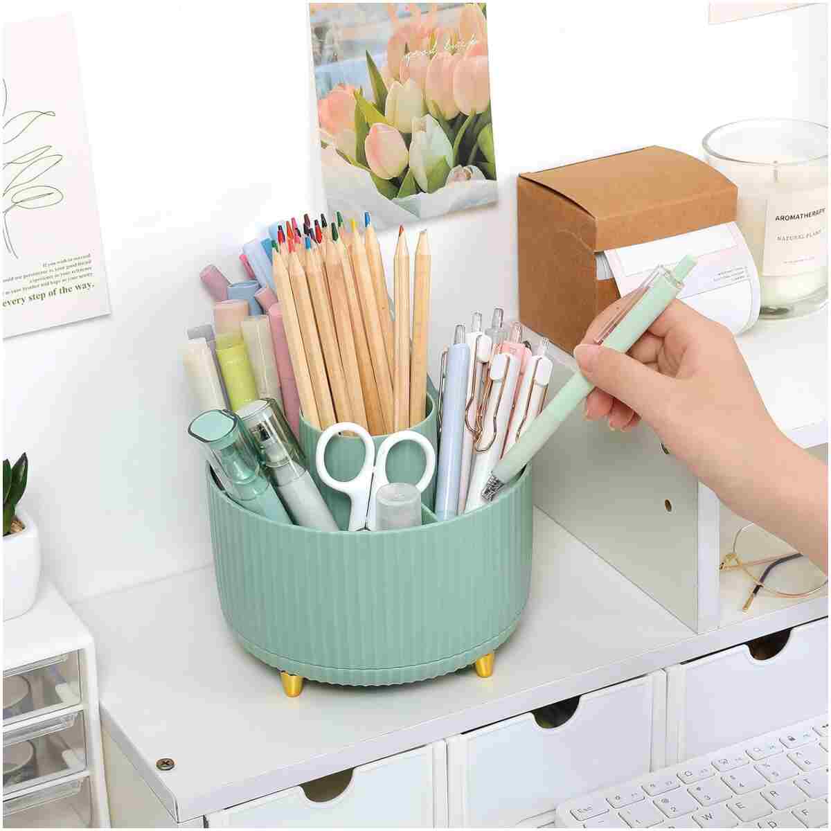 SKYDUE 360 Degree Rotating Desk Organizer, Dual-Purpose Pencil Pen Holder for Desktop, Rotating Desk Pen Organizer with 5 Slots, Pencil Cup for School, Home, Office Supplies...