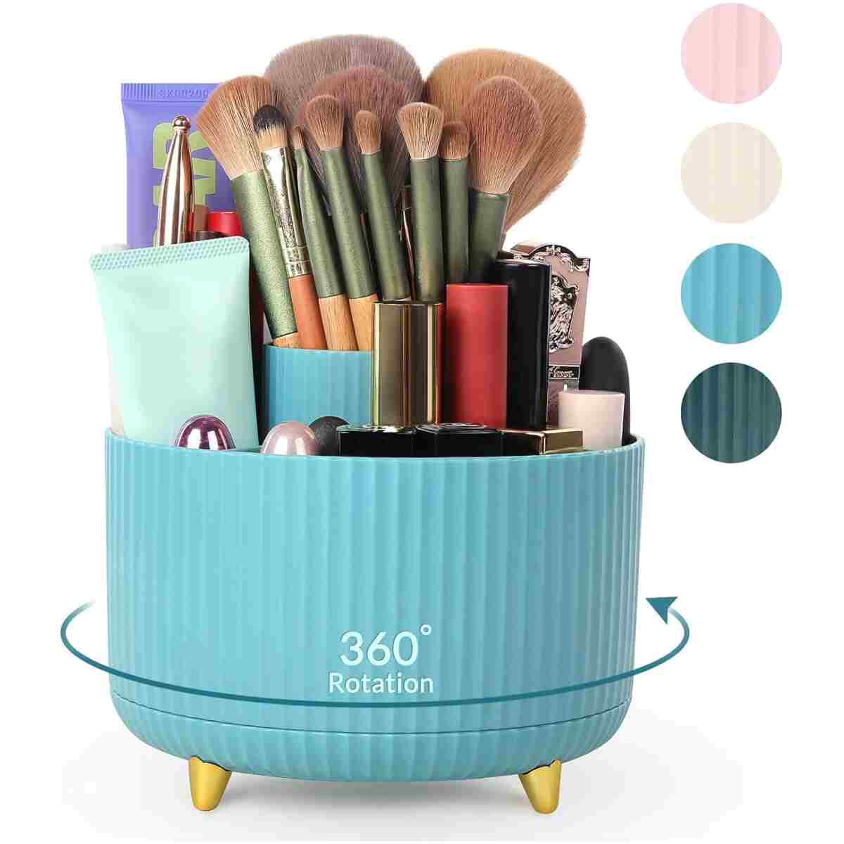 SKYDUE 360 Degree Rotating Desk Organizer, Dual-Purpose Pencil Pen Holder for Desk, Rotating Desk Pen Organizer with 5 Slots, Pencil Cup for Office, School, Home (Beige-Black)