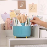 SKYDUE 360 Degree Rotating Desk Organizer, Dual-Purpose Pencil Pen Holder for Desk, Rotating Desk Pen Organizer with 5 Slots, Pencil Cup for Office, School, Home (Beige-Black)