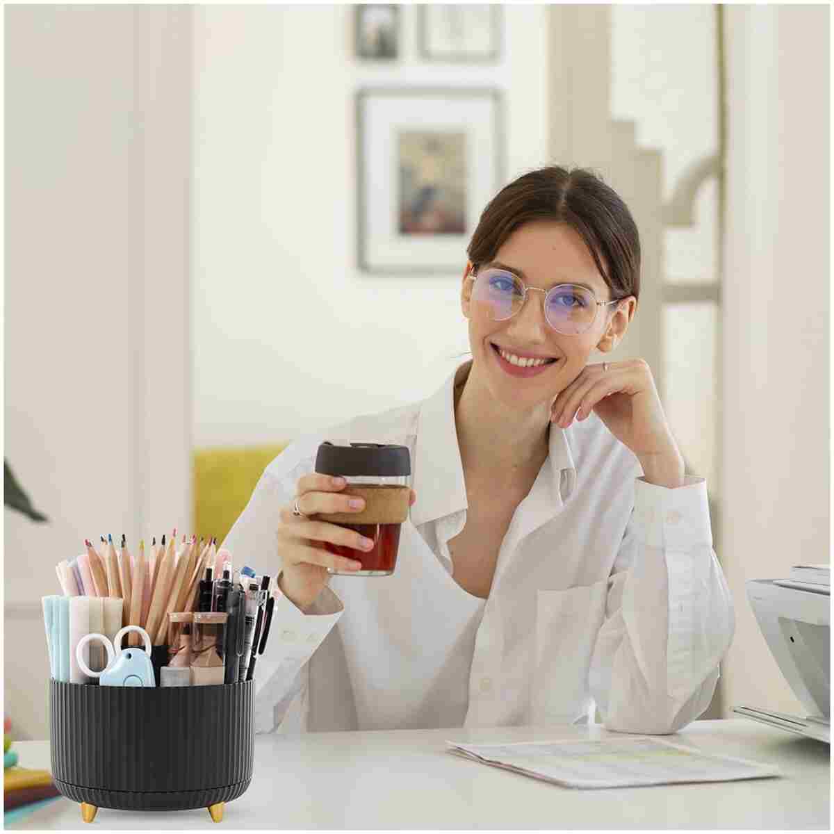SKYDUE 360 Degree Rotating Desk Organizer, Dual-Purpose Pencil Pen Holder for Desktop, Rotating Desk Pen Organizer with 5 Slots, Office Supplies, Pencil Cup for Office, School,...