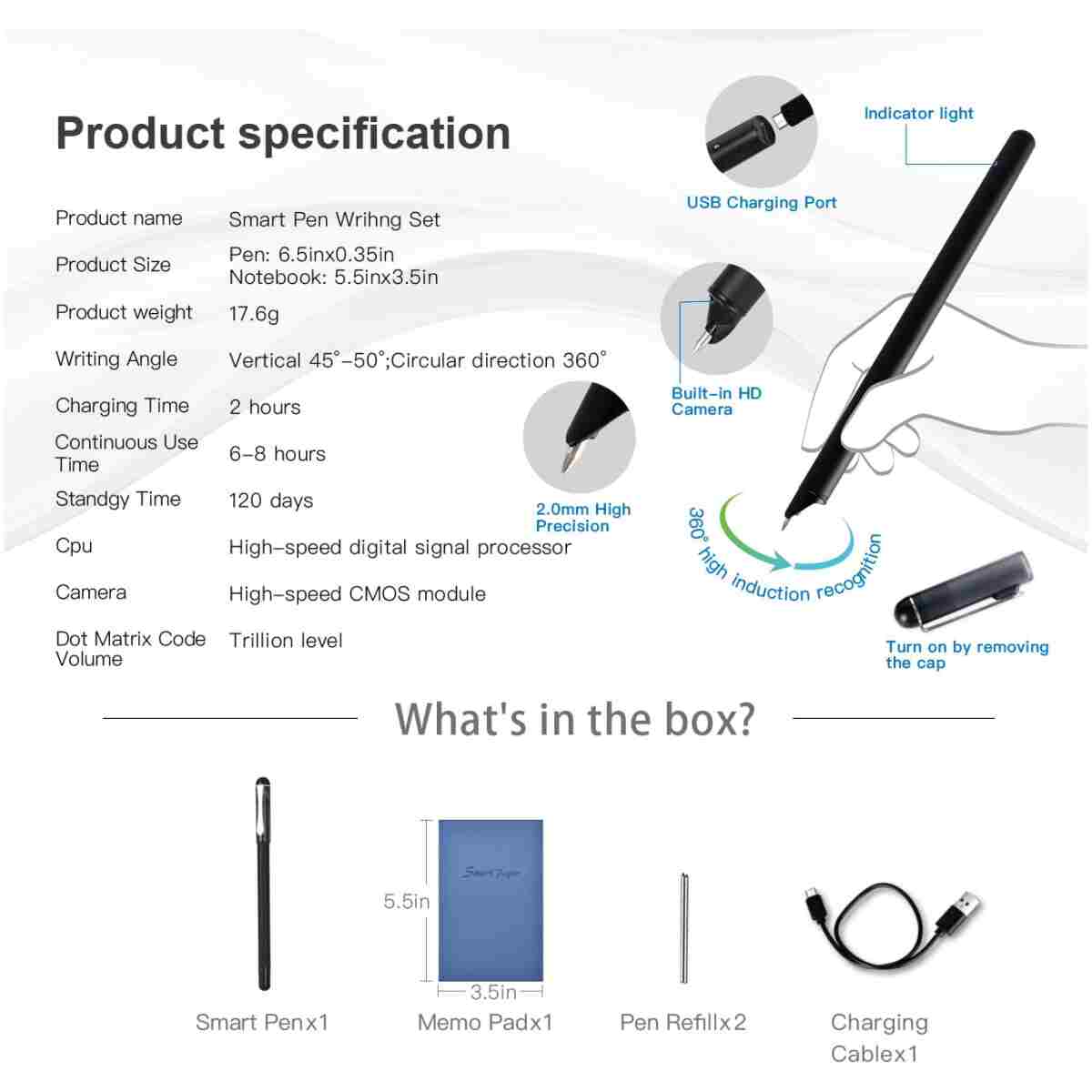 Smart Pen+Small Notepad, Digital Pen Real-time Sync for Digitizing, Storing, and Sharing Notes, Ideal Smart Pen for Note Taking, Drawing, Classroom, Offices, Compatible with...