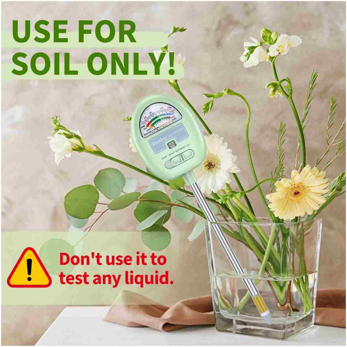 Soil Moisture Meter, 4-in-1 Moisture Meter for Plants, Tester for Moist, Light,Nutrients, pH, Soil Test Kit, Great for Garden, Lawn, Farm, Indoor & Outdoor Use, No Battery Required