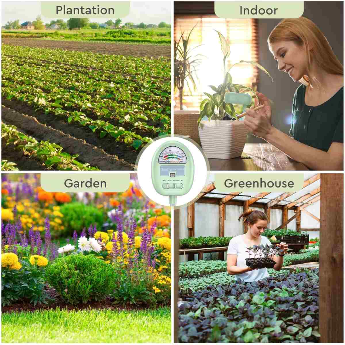 Soil Moisture Meter, 4-in-1 Moisture Meter for Plants, Tester for Moist, Light,Nutrients, pH, Soil Test Kit, Great for Garden, Lawn, Farm, Indoor & Outdoor Use, No Battery Required