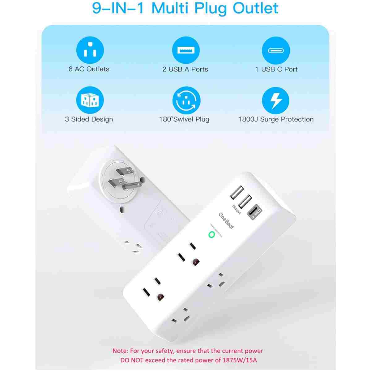 Surge Protector Outlet Extender - with Rotating Plug, 6 AC Multi Plug Outlet with 3 USB Ports (1 USB C), 1800J Wall Charger, 3-Sided Power Strip with Spaced Outlet Splitter for...