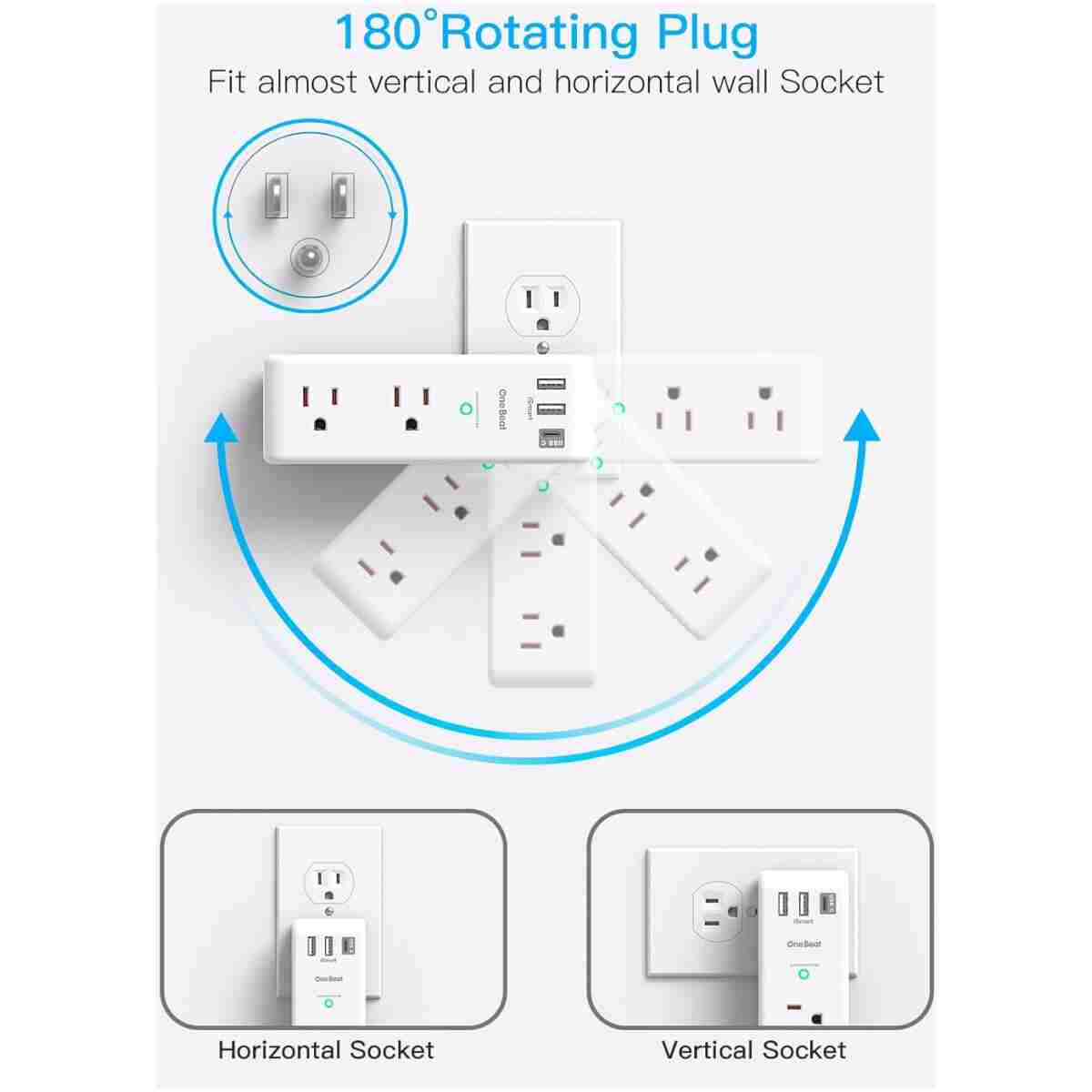 Surge Protector Outlet Extender - with Rotating Plug, 6 AC Multi Plug Outlet with 3 USB Ports (1 USB C), 1800J Wall Charger, 3-Sided Power Strip with Spaced Outlet Splitter for...