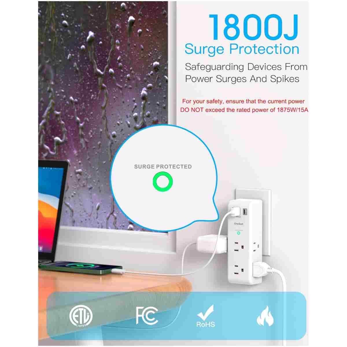 Surge Protector Outlet Extender - with Rotating Plug, 6 AC Multi Plug Outlet with 3 USB Ports (1 USB C), 1800J Wall Charger, 3-Sided Power Strip with Spaced Outlet Splitter for...