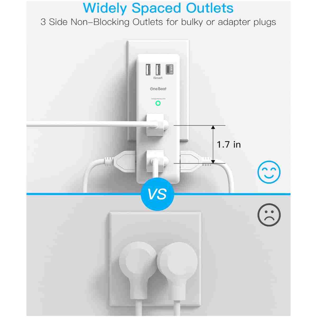 Surge Protector Outlet Extender - with Rotating Plug, 6 AC Multi Plug Outlet with 3 USB Ports (1 USB C), 1800J Wall Charger, 3-Sided Power Strip with Spaced Outlet Splitter for...